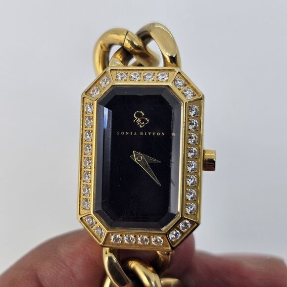 Sonia Bitton Women's Watch 20MM Black Dial Gold Band Up to 7.75" New Battery‎ - Picture 3 of 7